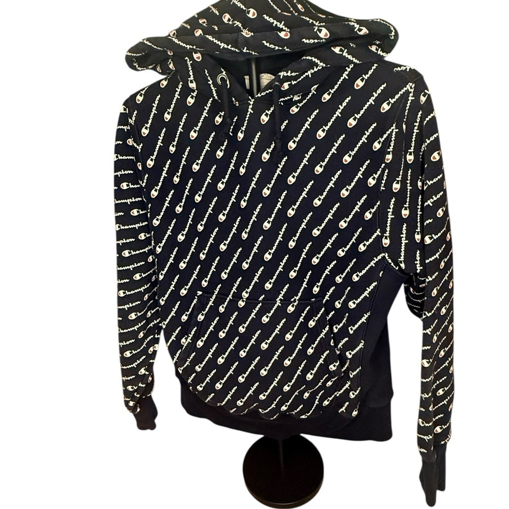 Vintage Champion Navy and White Patterned Hoodie Y2K Mens size M - Picture 2 of 6